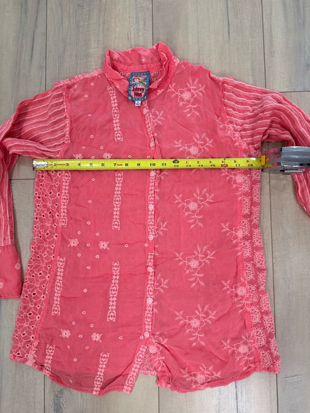 Johnny Was Coral Pink Embroidered Button-Down Shirt - Picture 4 of 6